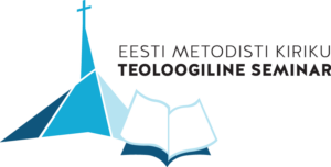 Eesti Metodisti Kiriku Teoloogilise Seminari logo: kiriku ja lahtioleva piibli siluetid sinistes toonides